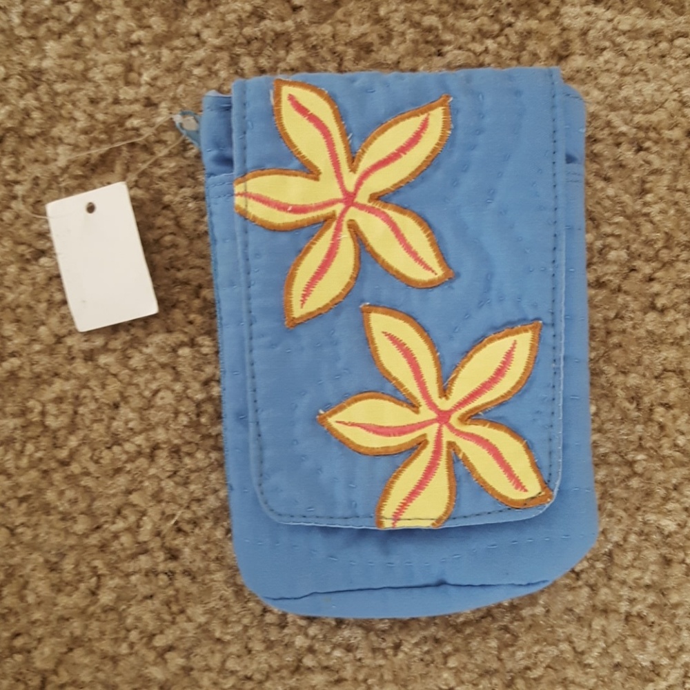 Blue cotton phone holder pink yellow flowers zippe